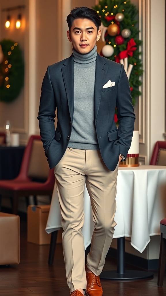 Korean man in a smart casual outfit for a Christmas party with festive decorations.